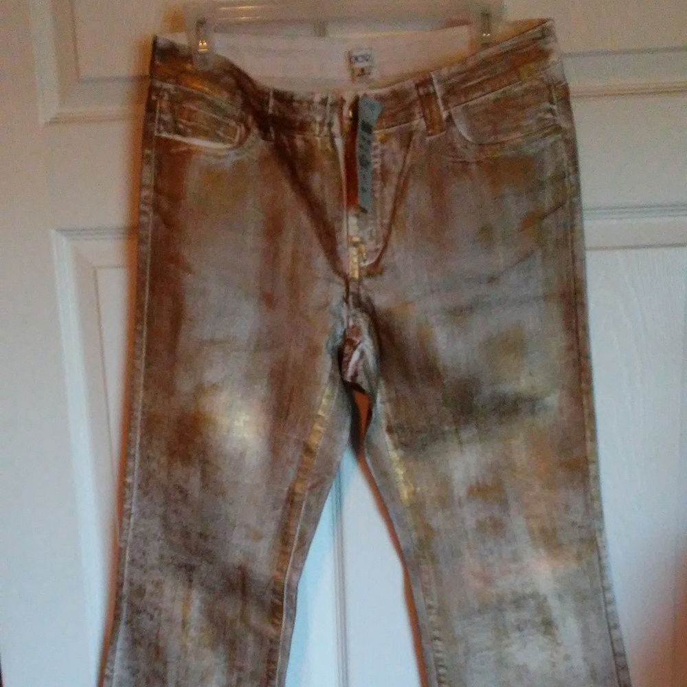NWT Cache Gold Painted Flare Leg Jeans Size 8